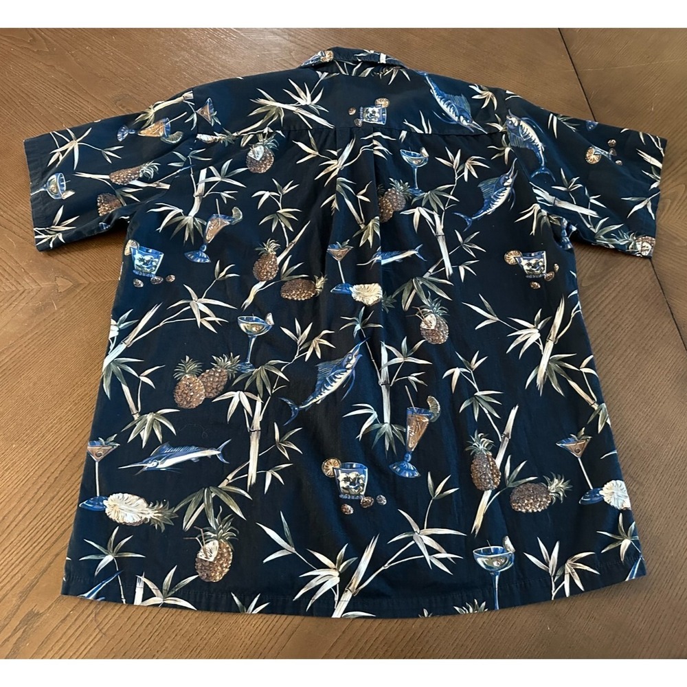Palmwave Hawaiian Button-Down Shirt XL Blue Islands Sail Fish Cocktails Palms